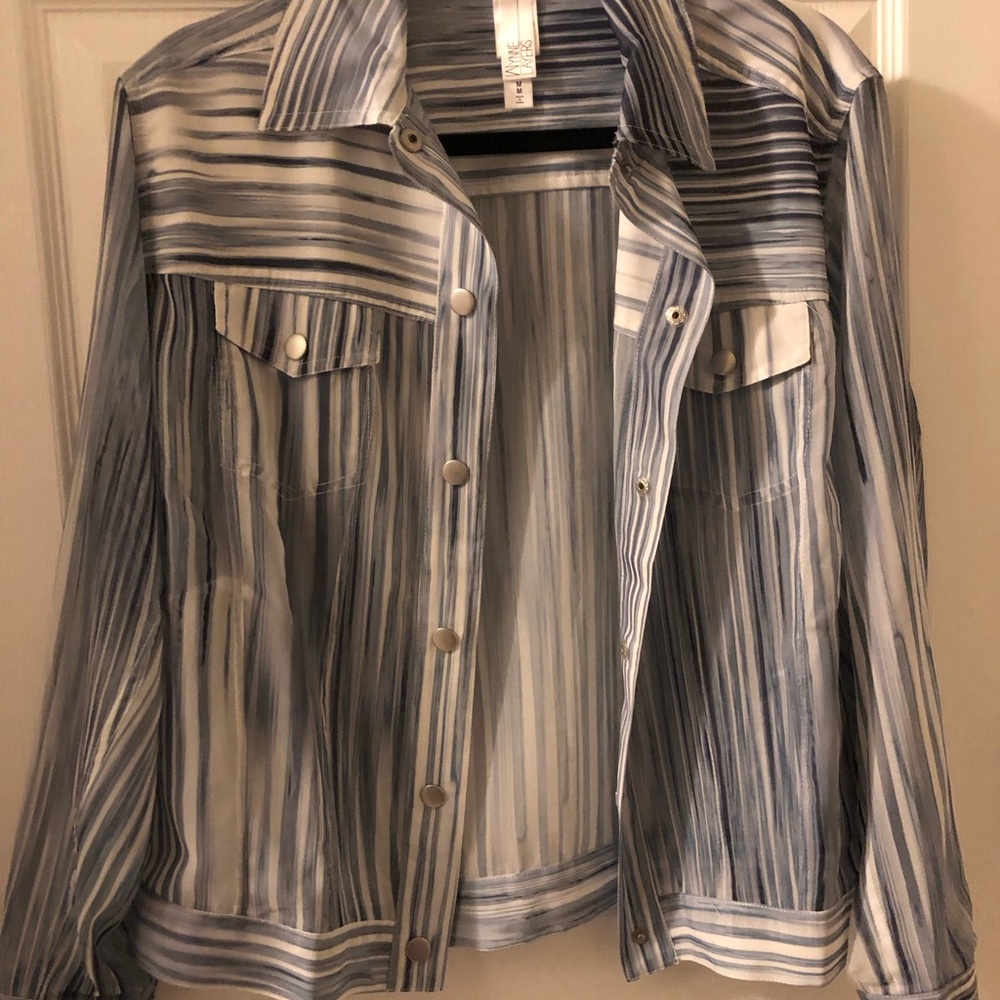 MarlaWynne Blue and White Boxy Bomber Jacket